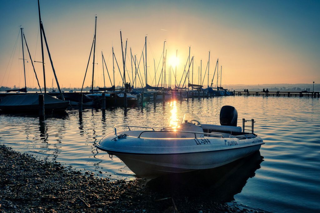 boat, sailboats, powerboat, lake, marina, water, nature, sunset, landscape